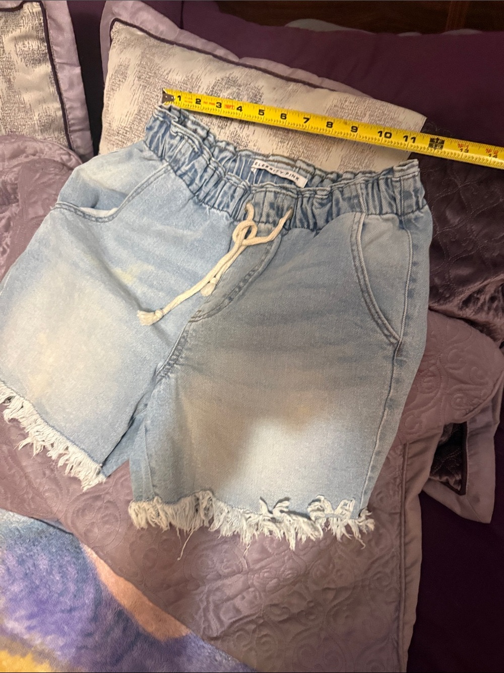 Light Blue Paperbag Waist Denim Shorts with Frayed Hem